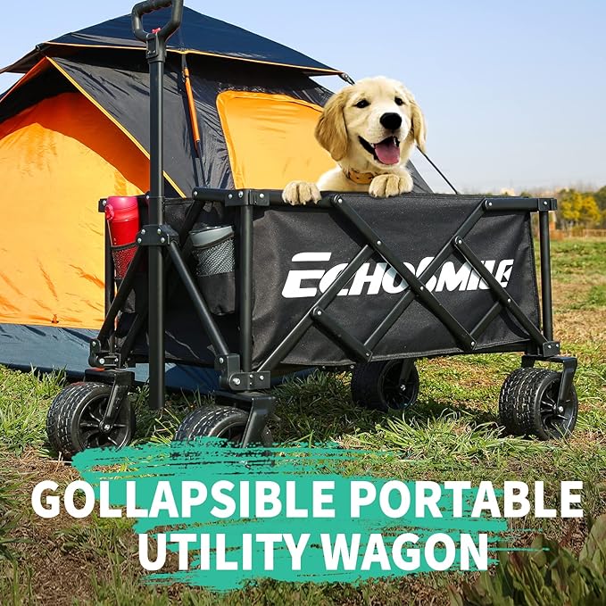 EchoSmile Collapsible Folding Wagon Cart with Compact Storage - 400LBS Capacity All Terrain Utility Cart for Camping, Beach, Grocery, Gardening - Black Outdoor Wagon