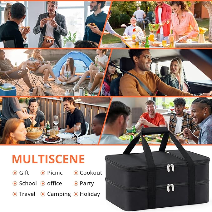 Double Insulated Casserole Carrier for Hot or Cold Food,Pie Carrier Bag Lunch Tote for Potluck Parties/Picnic/Cookouts, Fits 9"x13" Baking Dish, Black