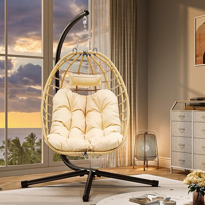 YITAHOME Egg Chair Swing Hanging Outdoor Wicker Hammock Chairs Indoor with Steel Stand Padded Cushion 330lbs for Patio, Bedroom, Garden and Balcony - Beige
