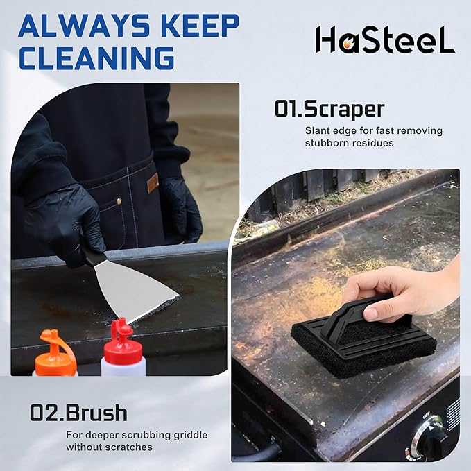 26-Piece Griddle Accessories Kit, HaSteeL Flat Top Grill Utensils Tool Set, Stainless Steel Spatulas, Griddle Scraper Chopper, Melting Dome, Bacon Press for Teppanyaki Cooking BBQ, Dishwasher Safe