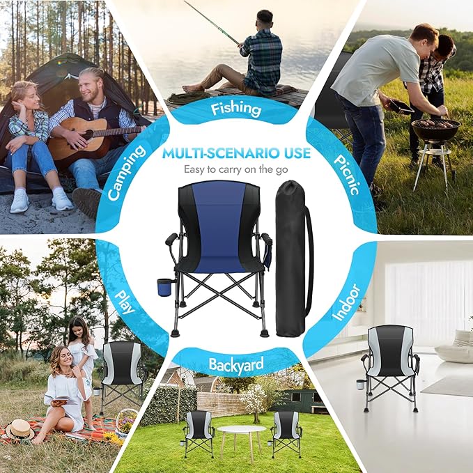 Oversized Folding Camping Chair for Adults, Supports 450 LBS Camping Chairs, Heavy Duty Camping Chair with Side Pockets, Foldable Outdoor Chair for Camping, Beach, Fishing, Hiking, Blue-Black