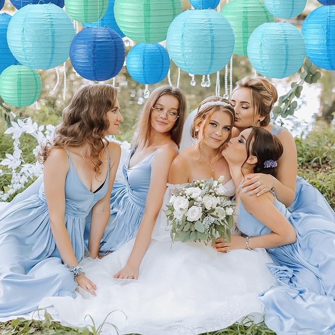 Treela 48 Pcs Paper Lanterns Party Decorations Chinese Round Paper Lanterns 4/6/8/10 Inch Asian Hanging Lamps Decorative for Birthday Party Supplies(Blue Series)