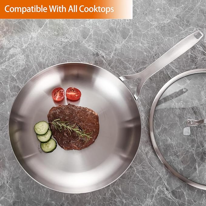 DELARLO Whole Body Tri-Ply Stainless Steel 12 Inch Frying Pan With Lid, kitchen large Skillet Suitable for All Stove Up to 600℉, 18/10 Cookware