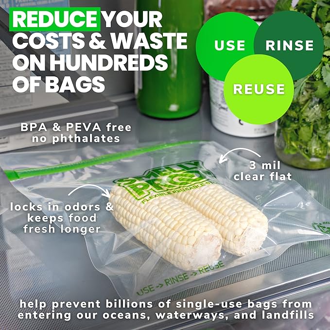 Smelly Proof Reusable Food Storage Bags Designed & MFG, USA MADE, Dishwasher-Safe, Easy-To-Clean, BPA FREE, NO PEVA, Clear FLAT Large 3-mil Thick, 8.5" x 10", Quart Size Ziplock Bags, 10-Pack