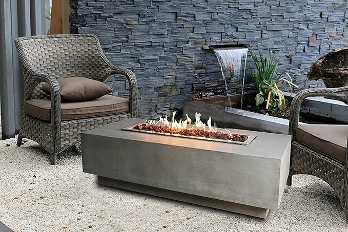 Elementi | Granville Gas Fire Pit Cast Concrete 60" Rectangular Fire Table, Outdoor Fire Pit Electronic Ignition | Canvas Cover, Lava Rock Included | Light Gray (Propane Gas)