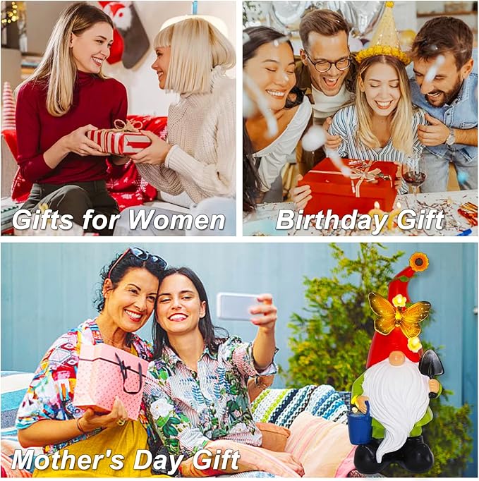 Gnomes Garden Statues Decor, Solar Waterproof Large Gnome with LED Lights Funny Garden Sculptures Outdoor Patio Yard Decorations Lawn Ornaments Gifts for Women Mom