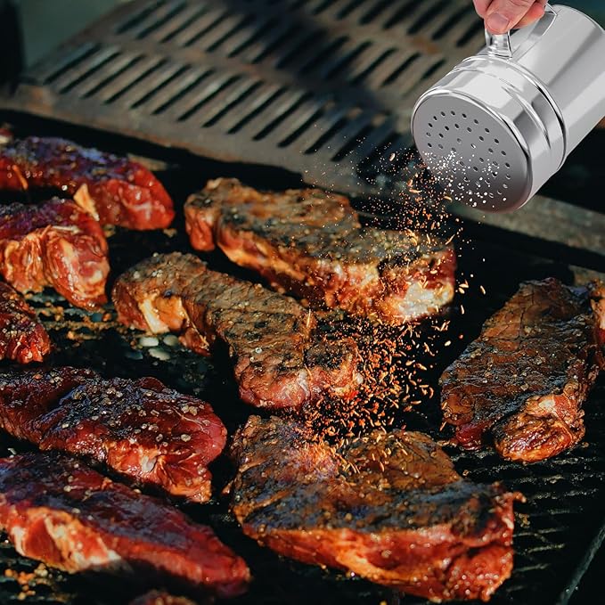 2Pcs Metal Salt Pepper Dredge Shakers, Stainless Steel Pepper Shaker Seasoning Jar With Handle, With Hole And Cover, Suitable For Pepper, Cinnamon And Coffee Spice Jars (Medium-10OZ)