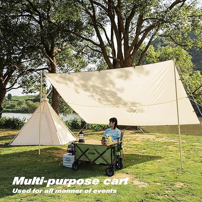 Chihee Folding Beach Wagon Cart Garden Cart Heavy-Duty with 2 Cup Holders,Camp Cart for Gimballed Wheels with Braking System Large Capacity Removable Fabric,for Sporting Events,Camping,Beach Trips