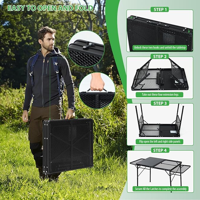 Nice C Camping Table, Grill Table, Tailgate Tables, Solar Panel Tables with USB, Type-C&DC Charging Cable, 42W Portable Solar Charger, 2 Side Shelves, Height Adjustable with Mesh Net&Cup Holders