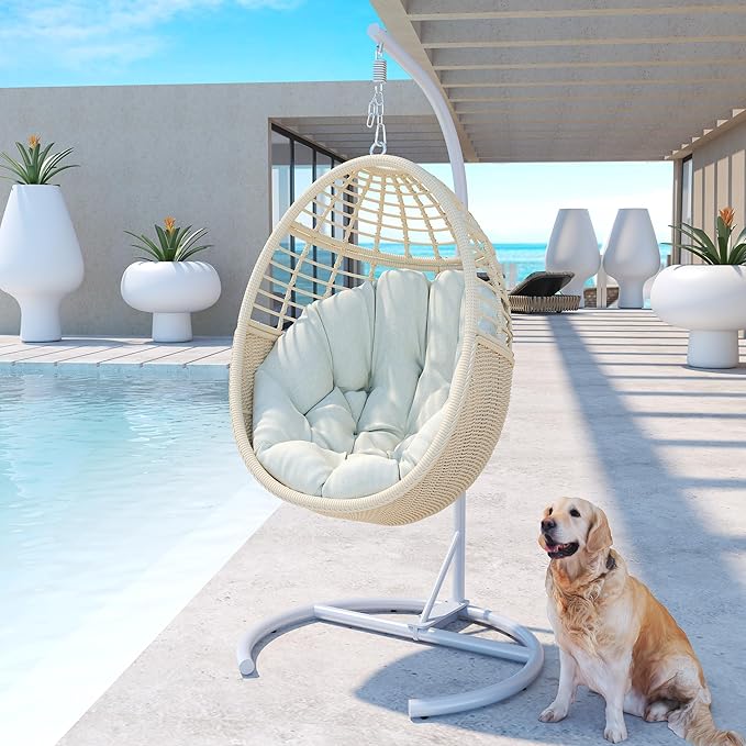 Egg Swing Chair with Stand: Hand Woven PE Rattan Hanging Chairs Hammock - Indoor Outdoor Swinging Lounger with Soft Cushion for 330lbs Patio Balcony Garden Living Room Bedroom Porch, Beige