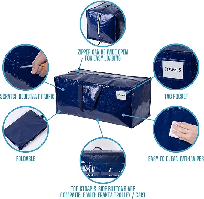 VENO 6 Pack Moving Bags w/Backpack Straps, Heavy Duty, Moving Boxes Alternative, Packing Supplies, Large Storage Totes for Dorm Room Essentials with Zipper for Clothes (Blue, 6 Pack)