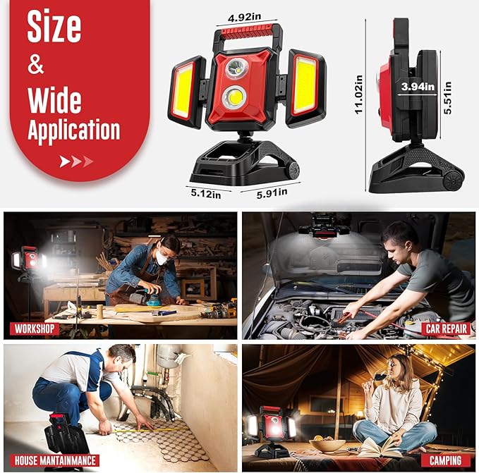 SYLSTAR 40W Rechargeable Work Light, 4000LM Magnetic Work Light with Foldable&360° Rotatable Floodlights, Big Clamp, 5 Light Modes, Portable Work Lights for Jobsite Workshop Car Repairing