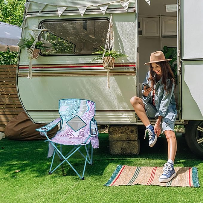 Nazhura 4 Pack Folding Camping Chair with Cooler Pouch, Mesh Backrest and Cup Holder Pocket (Flower, 4 Pack)