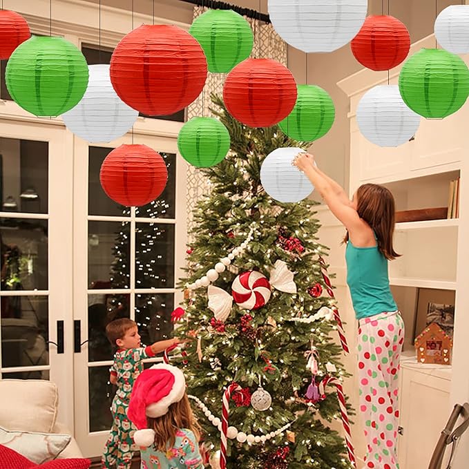 Paper Lanterns Party Decorations Red White Green - Hanging Paper Lanterns Indoor Outdoor - Christmas Fiesta Mexican Supplies Patrick's Day Decoration, 15pcs