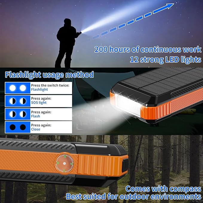 Solar Charger Power Bank 49800mAh, Portable Phone Charging Built-in 4 Cables 22.5W & PD20W Fast Charging for Cell Phones, Type-C Input/Output Port Solar Panel Charger with Dual Flashlights&Compass