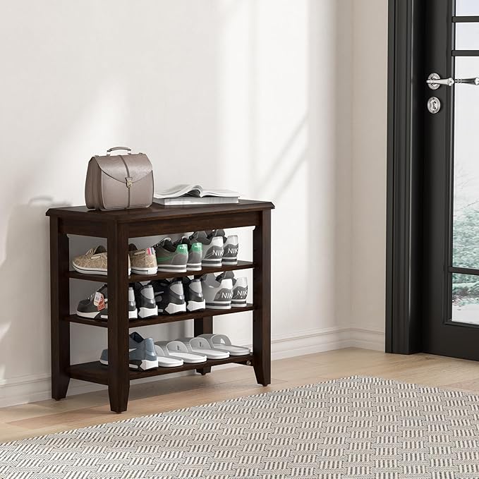 Shoe Bench Storage Rubberwood, Entryway Bench with 3-Tiers Height Adjustable, Shoe Rack Front Door Entrance Organizer for Hallway Living Room, Mudrooms, Walnut,23.6"