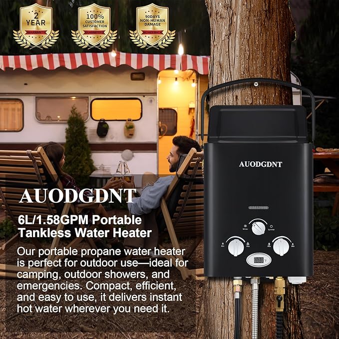 Portable Water Heater Propane Tankless,6L 1.58GPM Outdoor Instant Gas Water Heater with LED Display for RV, Camping,Outdoor Shower(Black)