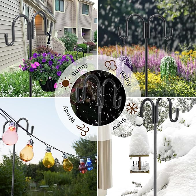 Black Double Shepherds Hook - 52 Inch Adjustable Bird Feeder Pole with 5 Prongs Base - Heavy Duty Rustproof Shepards Hooks for Outdoor Hummingbird Feeder Stand, Solar Lights, Lanterns, Flower Basket