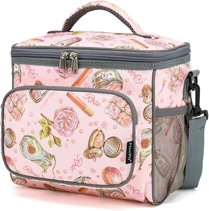FlowFly Insulated Reusable Lunch Bag Adult Large Lunch Box for Women and Men with Adjustable Shoulder Strap,Front Zipper Pocket and Dual Large Mesh Side Pockets,Rose