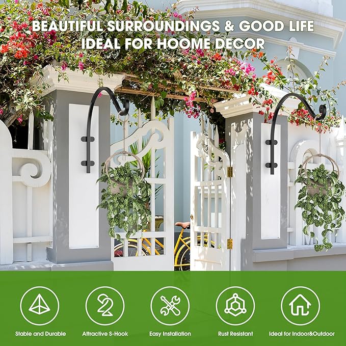 2Pack Heavy Duty Plant Hanger Hook for Outdoor and Indoor, 16Inch Wall Hanging Basket Bracket, Black Metal Outdoor Hanging Bracket for Hanging Flower Pot Bird Feeder Lanterns