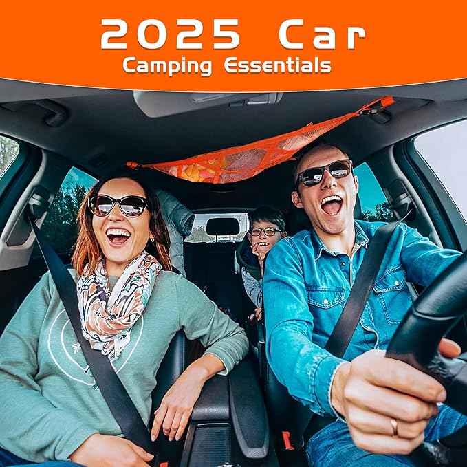 Kaskawise 3 Handles Car Ceiling Cargo Net for Inside Car Roof,Interior Mesh Storage,Truck SUV Travel Long Road Trip Camping Interior Accessories 35.4"x25.6",Orange