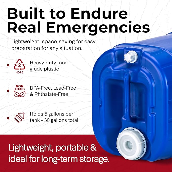 Emergency Water Storage Containers - 5 Gallon Each Water Storage Tank w/Lids + Spigot - Water Storage Container, Emergency Water Container, Survival Storage Tank - Stackable (30 Gallons (6 Tanks))