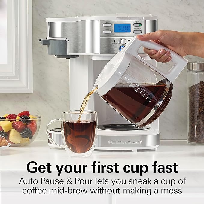 Hamilton Beach 49933 2-Way 12 Cup Programmable Drip Coffee Maker & Single Serve Machine, Glass Carafe, Auto Pause and Pour, White