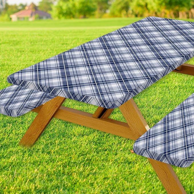 DYNH 3 Pcs Picnic Table Cover with Bench Covers, Waterproof Reusable Elastic Fitted Rectangle Picnic Table Cloths,30x60IN Blue Plaid Picnic Tablecloth for Camping Patio Travel Outdoor