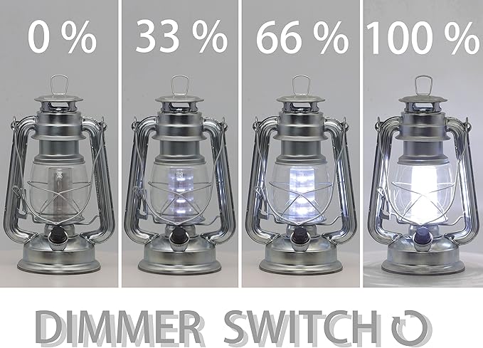 YAKii LED Vintage Lantern Metal Hanging Hurricane 12 LED Dimmer Switch Cold White Battery Operated Power Outage Indoor Camping Lighting Outdoor Brooklyn Decoration(Silver)
