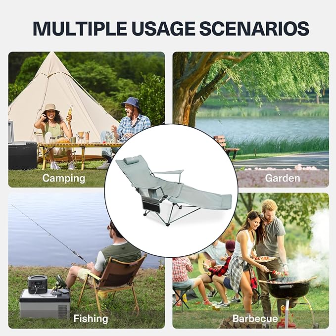 2-in-1 Reclining Camping Chair, Portable Folding Beach Lounge Chair with Footrest & Adjustable Backrest, Comfortable Lawn Chair for Adults Heavy Duty with Cup Holder for Outdoor Poolside Sports