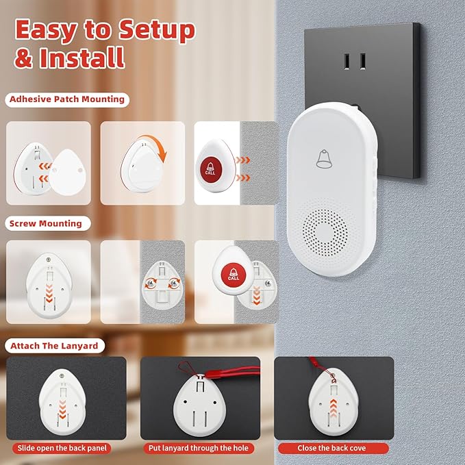 Wireless Caregiver Pager SOS Call Button for Elderly Monitoring 1000+ Feet Life Alert,Emergency Alert System Call Bell for Nurse Patient Disabled 1 Waterproof Transmitter & 1 Plugin Receiver