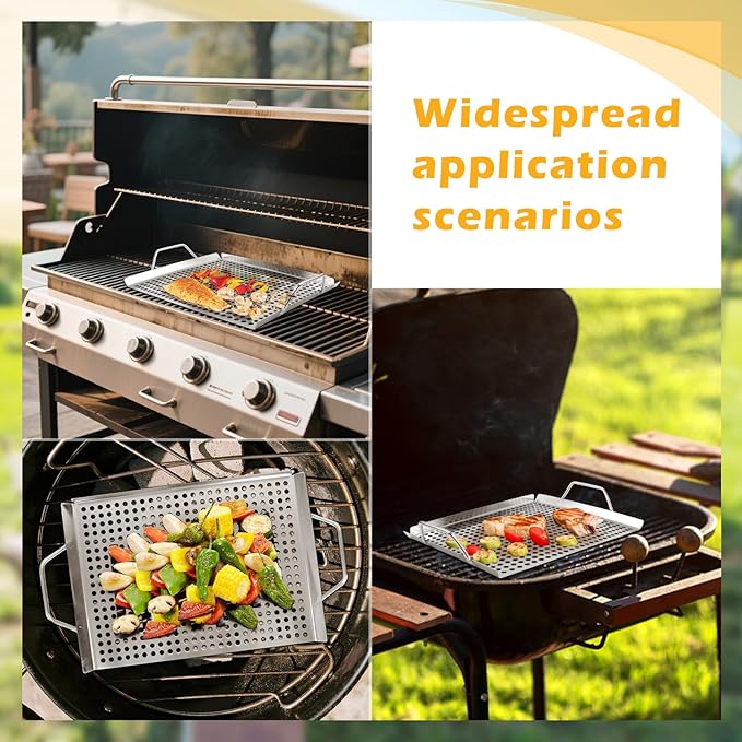 11 x 14 Inch Nonstick Grill Tray with Handles,Perforated Stainless Steel Grill Pans for Outdoor Grill,Heavy Duty Grilling Accessories for Charcoal/Gas Grills,Easy to Use and Clean