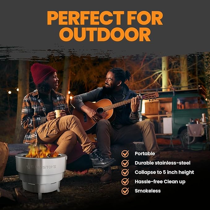 Smokeless Fire Pit for Outdoor Wood-Burning – Portable, Compact & Foldable Design for Camping, Bonfires, Tiny Cabin, Ventless Burn, Solo Pits, and Backyard Use – Stainless Steel, 17-Inch Slinky Stove