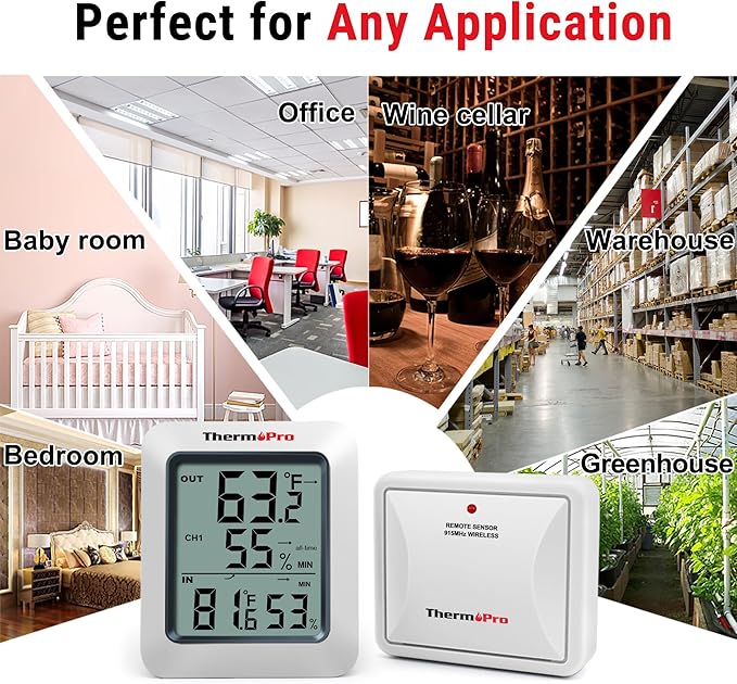 ThermoPro TP60 Digital Hygrometer Outdoor Thermometer Wireless Temperature and Humidity Gauge Monitor Room Thermometer with 500ft/150m Range Humidity Meter Temperature Indicators