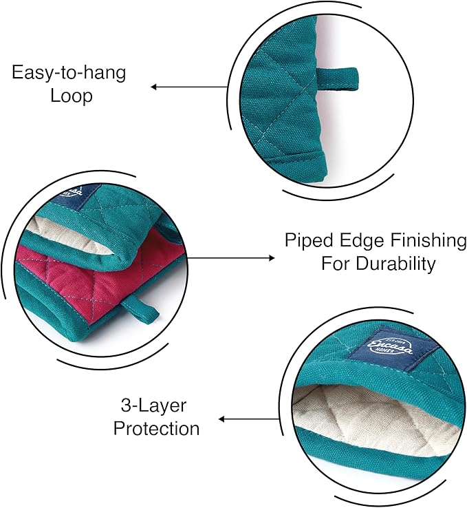 Encasa XO Heat Resistant Cotton Oven Gloves Mitts (2 Pc Set) - Quilted & Safe 12x7 in - for Kitchen, Cooking & Baking, Grilling, Handling Hot Pots & Pans - Azul Blue