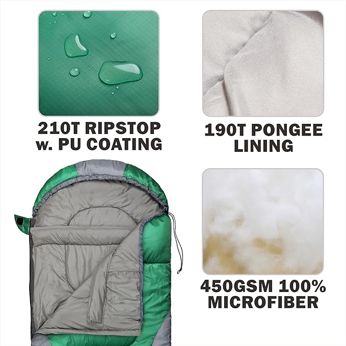 0 Degree Winter Sleeping Bags for Adults Camping (450GSM) - Temp Range (5F–32F) Portable Waterproof Compression Sack- Camping Sleeping Bags for Big and Tall in Env Hoodie: Backpacking Hiking 4 Season