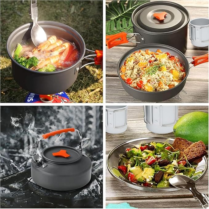 Camping Cooking Set Camping Cookware Outdoor Aluminum Mess Kit with Frying Pan, Pot with Lid, 1.2L Kettle Set and 2 Stainless Steel Plate, 2 Folding Cups and 2 Set Knives Spoons for Backpacking Picnic