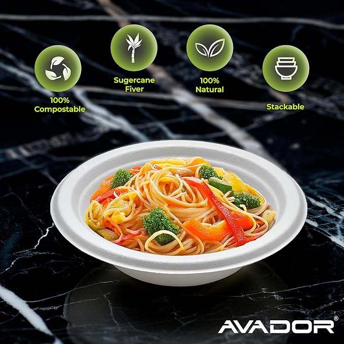 AVADOR® Compostable Tableware 100% Eco-Friendly & Biodegradable Dinnerware Eco-Conscious, Disposable, and 100% Biodegradable (12oz Bowl Pack of 200)