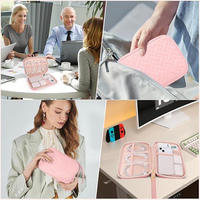 Electronics Organizer Travel Case, Charger Bag Cord Organizer Travel, Compact Tech Pouch Cable Organizer Bag for Charger, Cords, Phone, Headphones, Flash Drive, SD Card (Pink, Small-Single Layer)