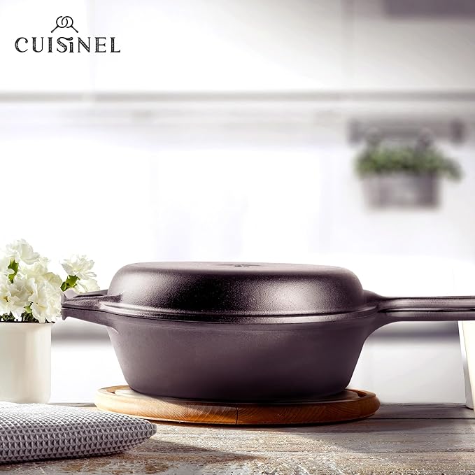 Cuisinel Cast Iron Skillet + Lid - 2-In-1 Multi Cooker - Deep Pot + Frying Pan - 3-Qt Dutch Oven - Pre-Seasoned Oven Cookware - Works for Bread, Indoor/Outdoor, Grill, Stovetop and Induction