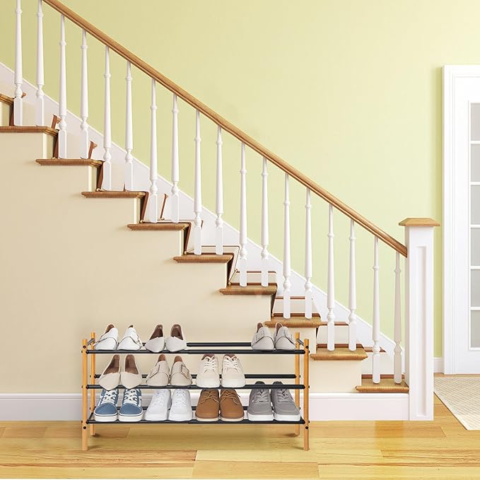 STORAGE MANIAC Expandable Shoe Rack, 16 Pairs Stackable Small Shoe Rack, Metal Adjustable Shoes Organizer for Closet, Entryway, Hallway, Garage, Front Door, Shoes Shelves, Bamboo 4 Tier