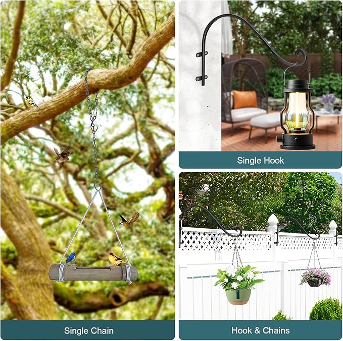 Plant Hangers Outdoor, 4 Pack 12 Inch Plant Hooks with 12 Chains for Wall Metal Plants Hanging Bracket for Bird Feeder, Flower Baskets, Wind Chimes, Lanterns, Indoor Outdoor, Black