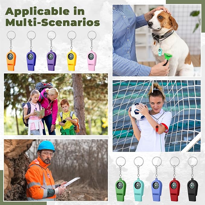 50 Pcs 2 in 1 Compass Whistles with Keychains, Emergency Survival Whistle Bulk, Easy to Carry Loud Safety for Outdoor Hiking Hunting Camping Boating Fishing(10 Colors)