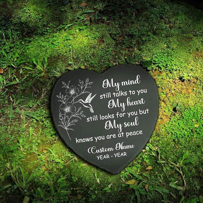 Generic Slate Memorial Stone Personalized, Hummingbird Stepping Stones Memorial Gifts for Loss of Loved One, Sympathy Stone, Memorial Plaque, My Mind Still Talks to You TNP42 (1, Heart) Gray