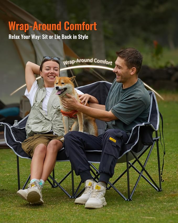 KingCamp Double Camping Chair, Oversized Heavy Duty Loveseat for Adults Portable Folding XL 2 Person Couch Padded Comfortable Two Seat with Cup Holder for Outdoor Lawn Backyard