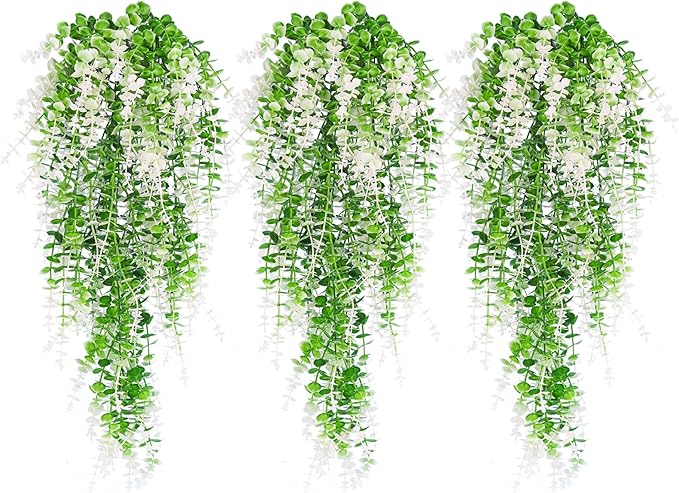 Fake Monkey Plants Hanging Eucalyptus Vines Fake Vines Faux Hanging Plants for Outdoor Garden Yard Backdrop Decor Indoor Room Table Wall Home Hanging Decoration(White)