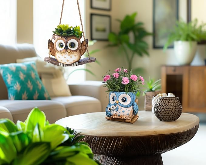 Unique Owl Plant Pots Indoor, Cute Small Succulent Pots with Drainage Hole, Rocking Chair Planters for Outdoor Indoor Plants, Resin Flower Pot for String of Pearls, Gift Ideas for Mother