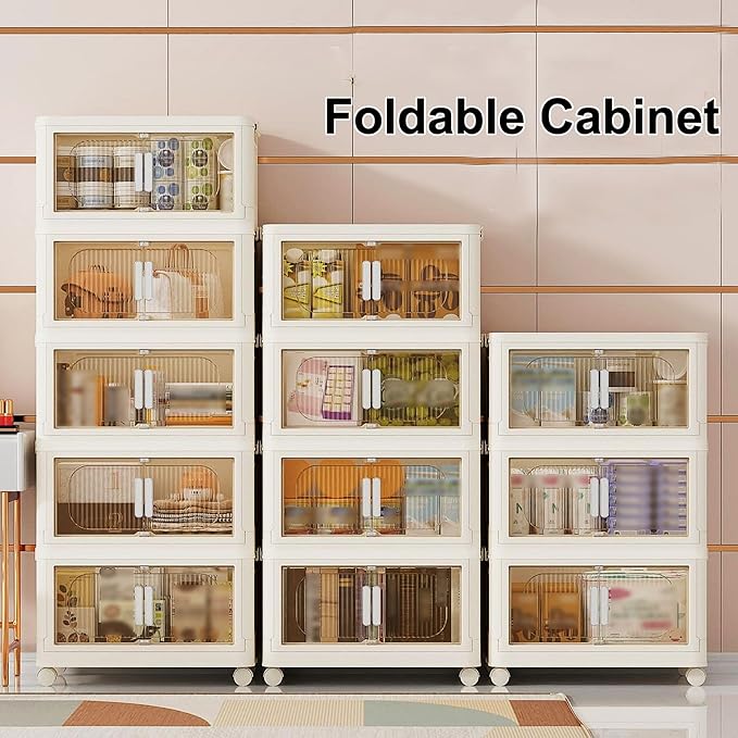 Holaki 156 QT Collapsible Closet Organizers with Lid, 4 Tier Stackable Plastic Storage Bins Cabinet with Wheels and Magnetic Door (White)