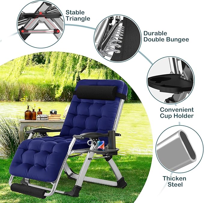 NAIZEA Widened Zero Gravity Chair 29" XL,Oversized Outdoor Lounge Chairs, Folding Reclining Camping Chairs with Cup Holder, Ergonomic Patio Lawn Chair for Balcony Beach Deck Yard