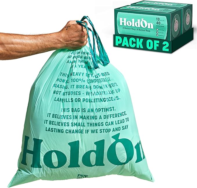HoldOn Large Trash Bags 13 Gallon – Plant-Based Garbage Bags with Drawstring Handles for Tall Trash Bins – Trash Bags for Kitchen Bin (40 bags, Pack of 2), Green